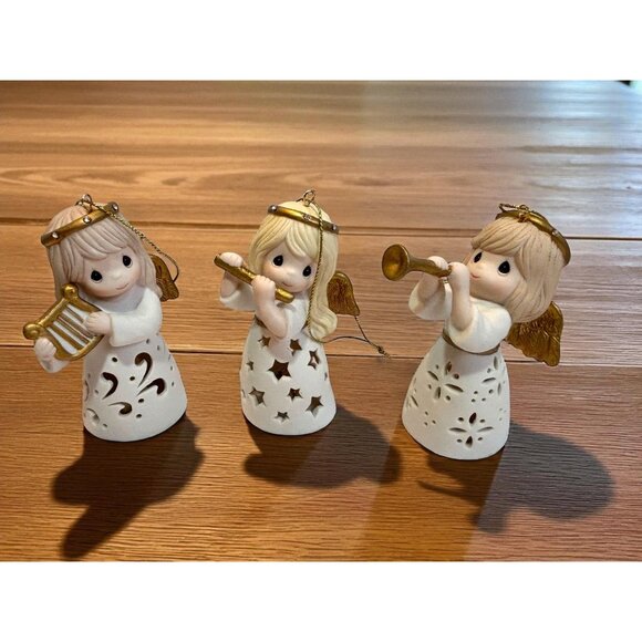 Set Of 3 Precious Moments Angel Ornaments With Gold Accents & Cutout Designs - Picture 1 of 12